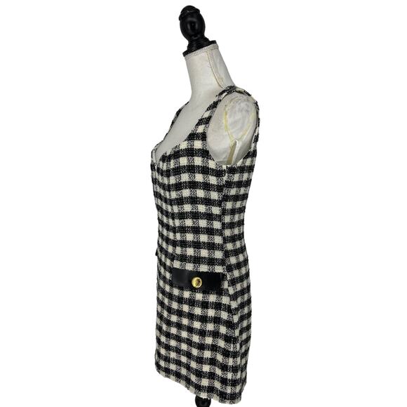 Rowen Rose Houndstooth Tweed Faux Leather Trimmed Mini Dress in Black - Picture 10 of 13